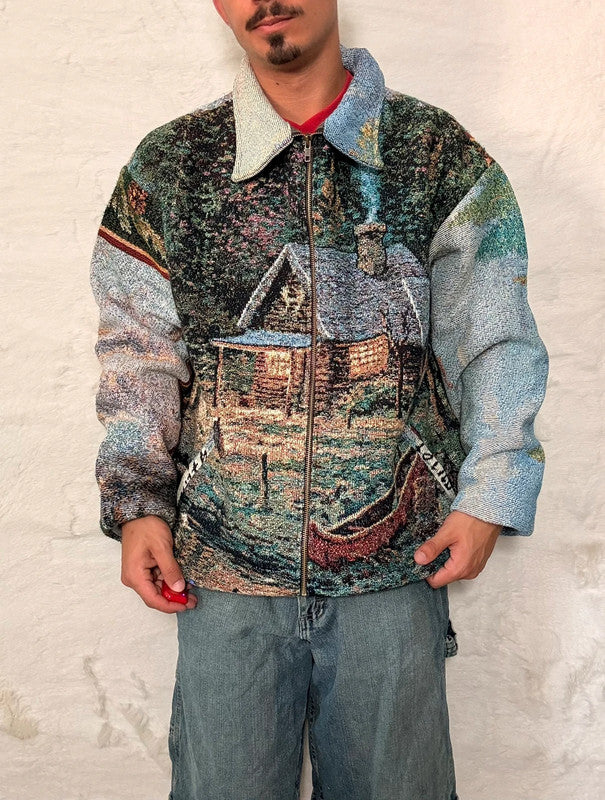 Veste Harrington en tapisserie design unique fait main upcyclé retravaillé et tissé taille XXL n•867