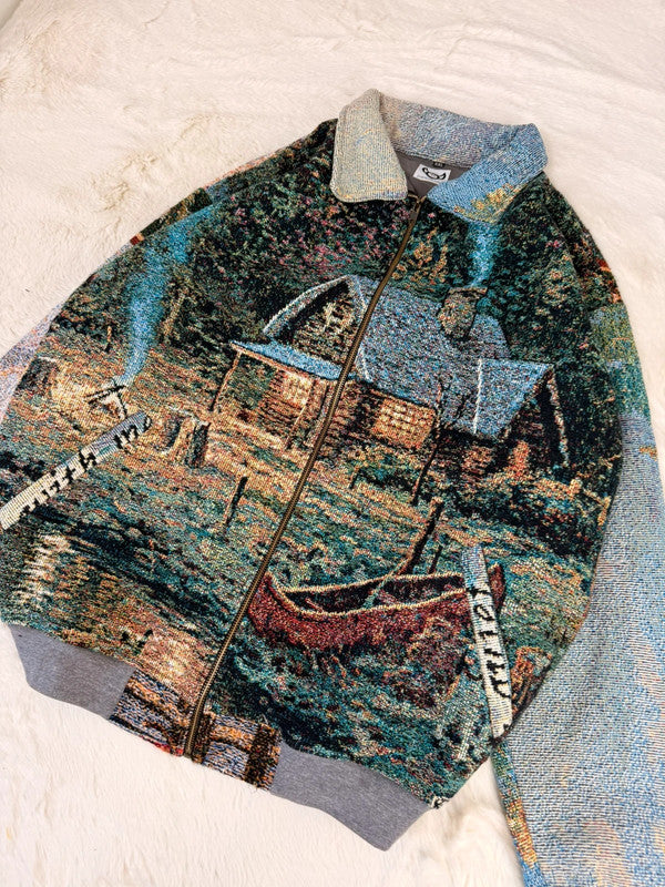 Veste Harrington en tapisserie design unique fait main upcyclé retravaillé et tissé taille XXL n•867