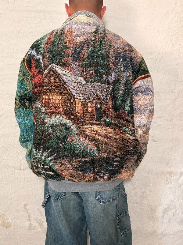 Veste Harrington en tapisserie design unique fait main upcyclé retravaillé et tissé taille XXL n•867