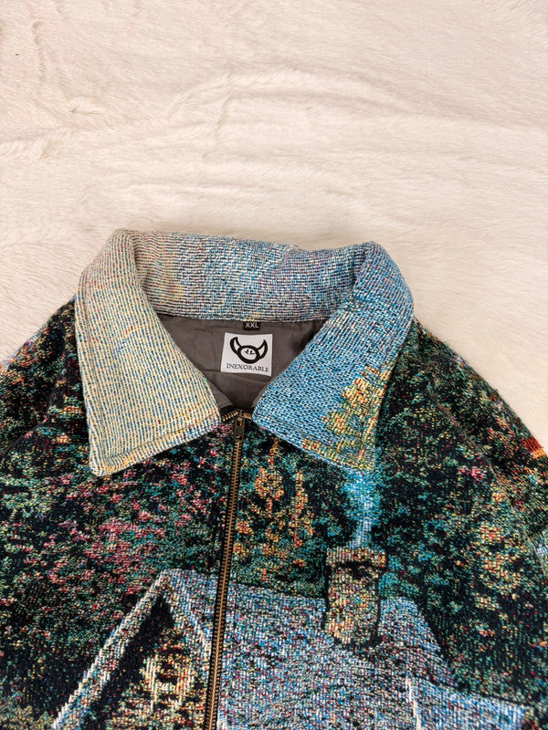 Veste Harrington en tapisserie design unique fait main upcyclé retravaillé et tissé taille XXL n•867