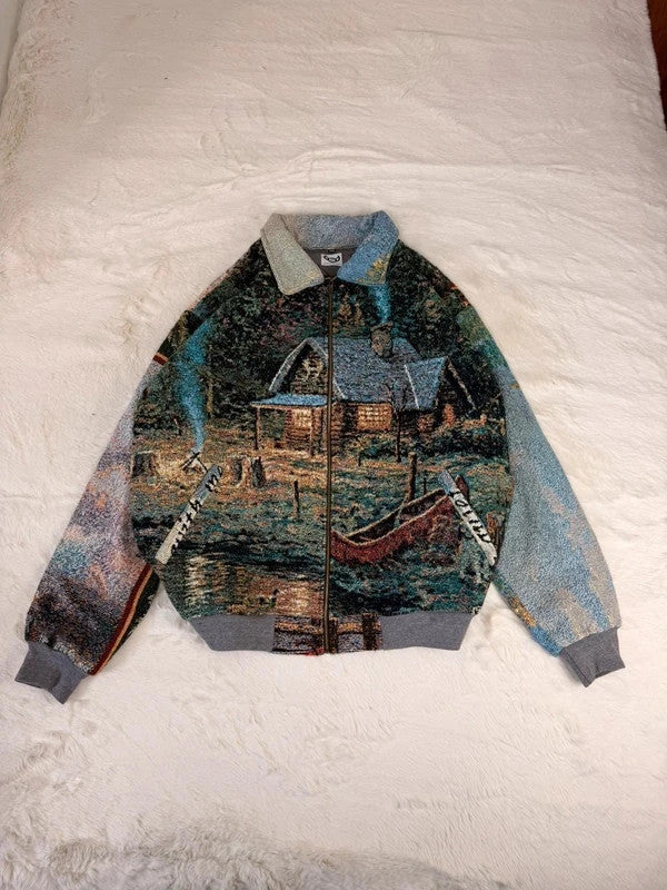 Veste Harrington en tapisserie design unique fait main upcyclé retravaillé et tissé taille XXL n•867