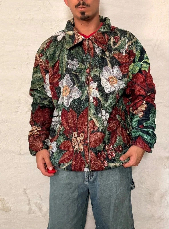 Veste Harrington en tapisserie design unique fait main upcyclé retravaillé et tissé taille XXL n•868