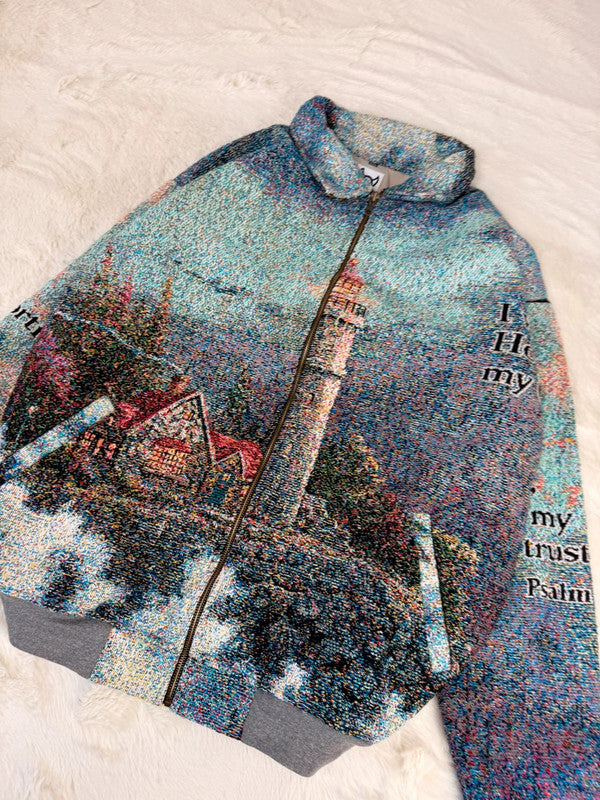 Veste Harrington en tapisserie design unique fait main upcyclé retravaillé et tissé taille XXL n•869