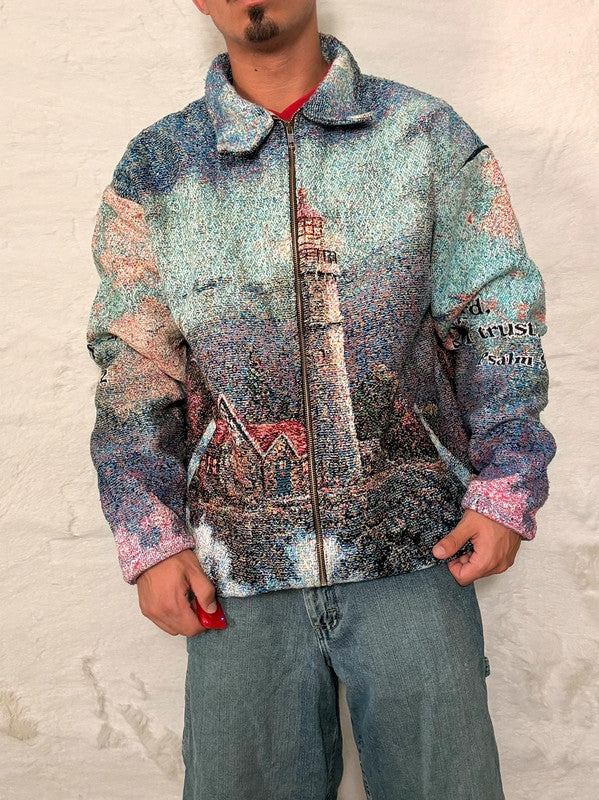 Veste Harrington en tapisserie design unique fait main upcyclé retravaillé et tissé taille XXL n•869