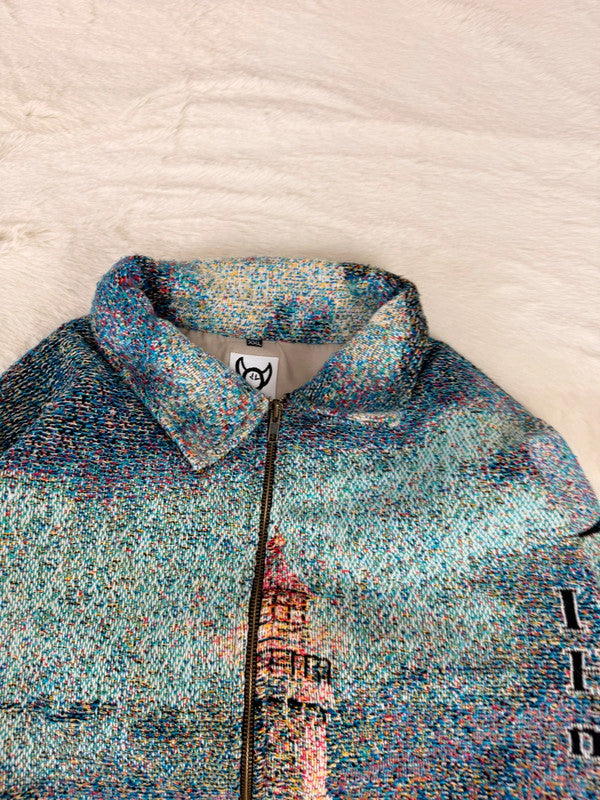 Veste Harrington en tapisserie design unique fait main upcyclé retravaillé et tissé taille XXL n•869