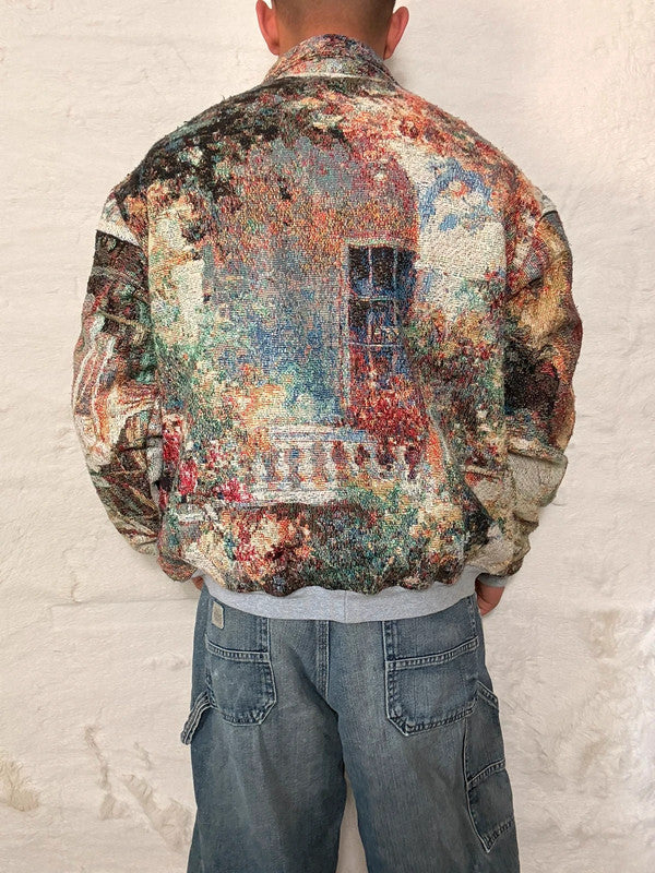 Veste Harrington en tapisserie design unique fait main upcyclé retravaillé et tissé taille L n•870