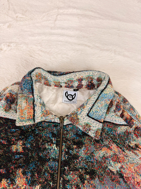 Veste Harrington en tapisserie design unique fait main upcyclé retravaillé et tissé taille L n•870