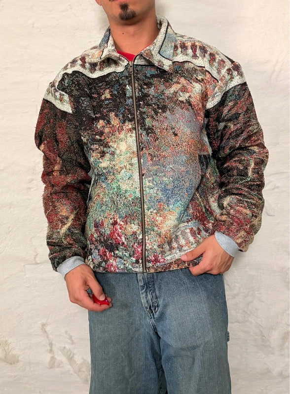 Veste Harrington en tapisserie design unique fait main upcyclé retravaillé et tissé taille L n•870