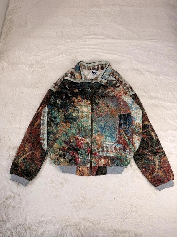 Veste Harrington en tapisserie design unique fait main upcyclé retravaillé et tissé taille L n•870