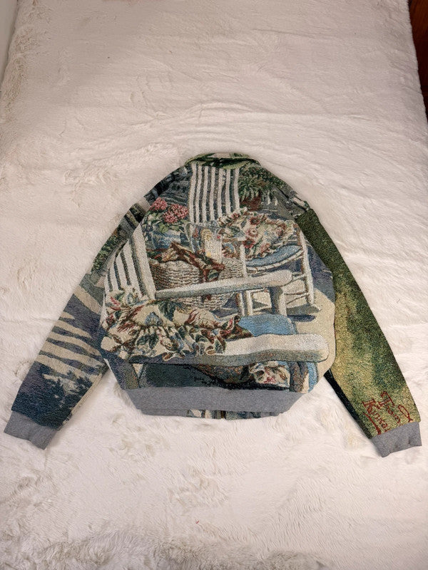Veste Harrington en tapisserie design unique fait main upcyclé retravaillé et tissé taille L n•871