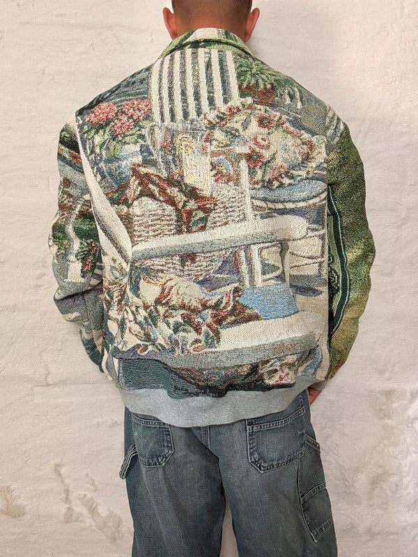 Veste Harrington en tapisserie design unique fait main upcyclé retravaillé et tissé taille L n•871