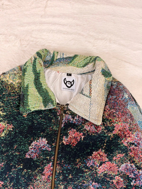 Veste Harrington en tapisserie design unique fait main upcyclé retravaillé et tissé taille L n•871