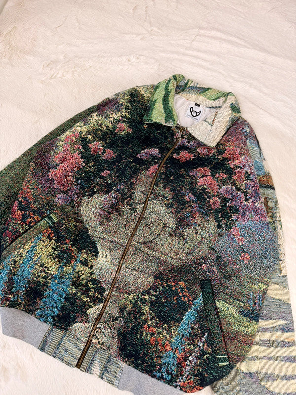 Veste Harrington en tapisserie design unique fait main upcyclé retravaillé et tissé taille L n•871