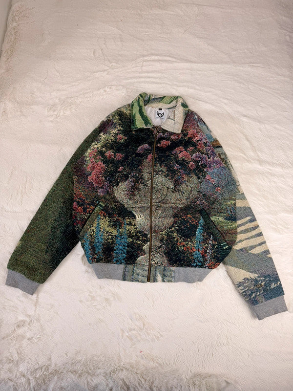 Veste Harrington en tapisserie design unique fait main upcyclé retravaillé et tissé taille L n•871