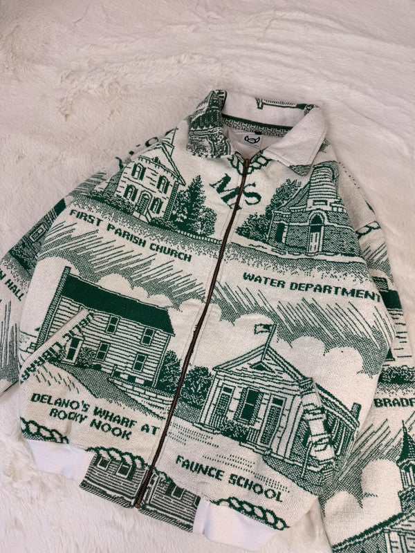 Veste Harrington en tapisserie design unique fait main upcyclé retravaillé et tissé taille L n•872