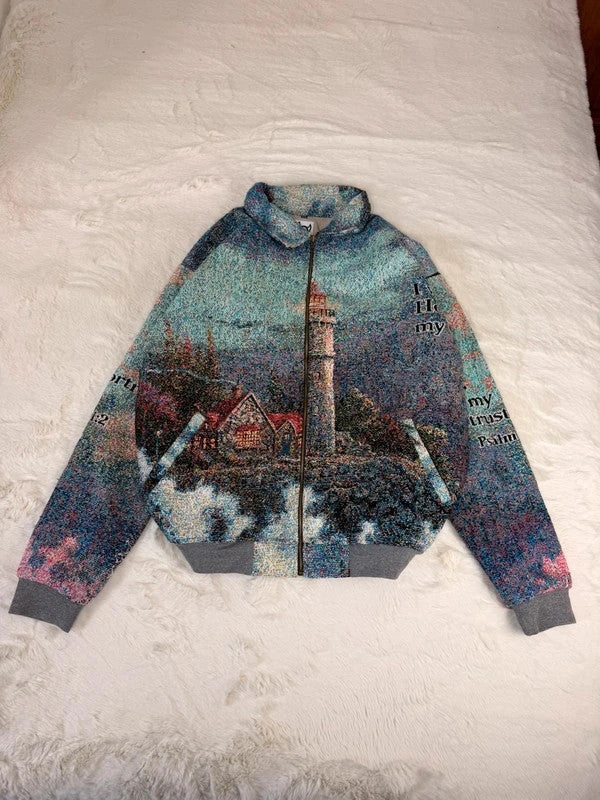 Veste Harrington en tapisserie design unique fait main upcyclé retravaillé et tissé taille XXL n•869