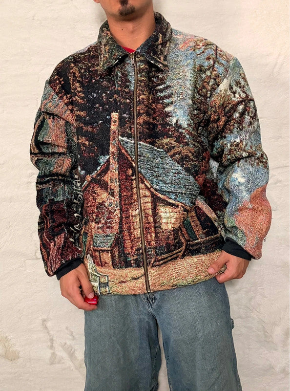 Veste Harrington en tapisserie design unique fait main upcyclé retravaillé et tissé taille XXL n•874
