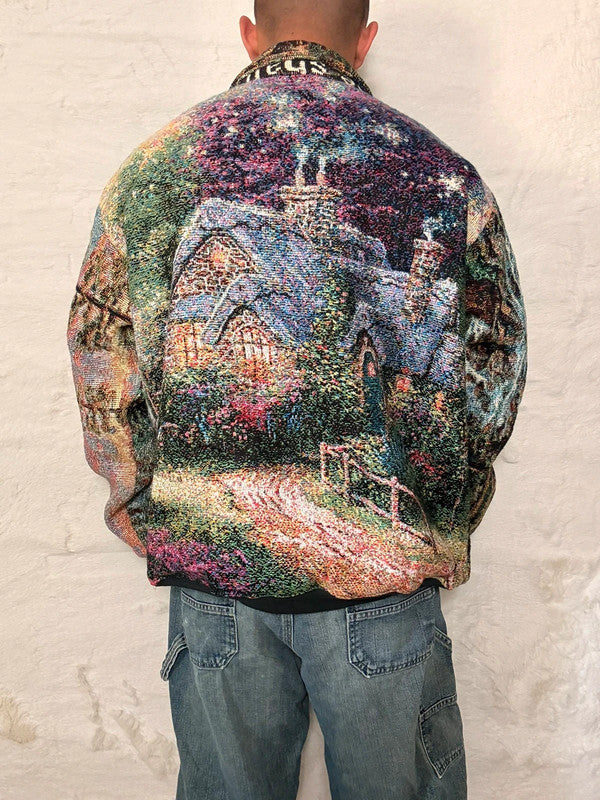Veste Harrington en tapisserie design unique fait main upcyclé retravaillé et tissé taille XXL n•874