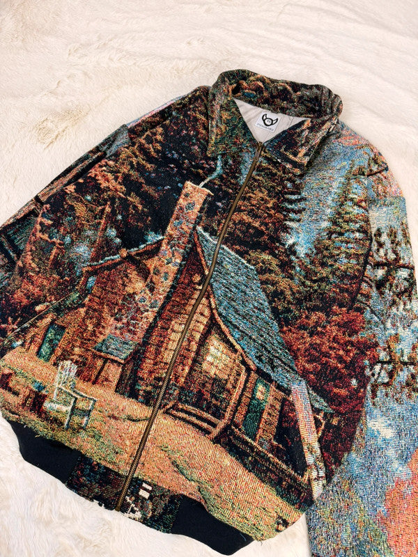 Veste Harrington en tapisserie design unique fait main upcyclé retravaillé et tissé taille XXL n•874
