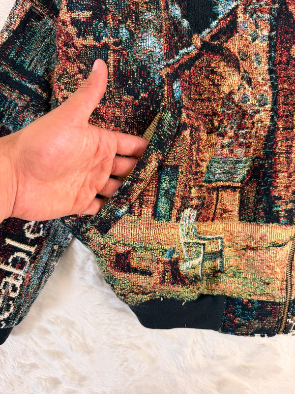 Veste Harrington en tapisserie design unique fait main upcyclé retravaillé et tissé taille XXL n•874