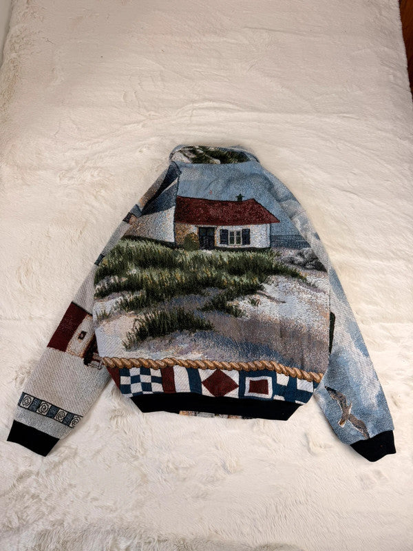 Veste Harrington en tapisserie design unique fait main upcyclé retravaillé et tissé taille XXL n•875