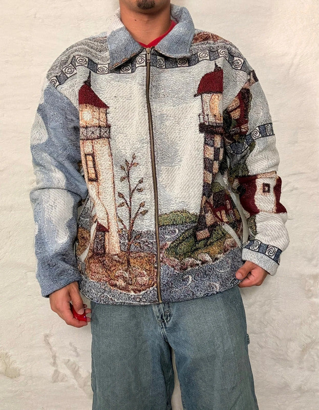 Veste Harrington en tapisserie design unique fait main upcyclé retravaillé et tissé taille XXL n•875