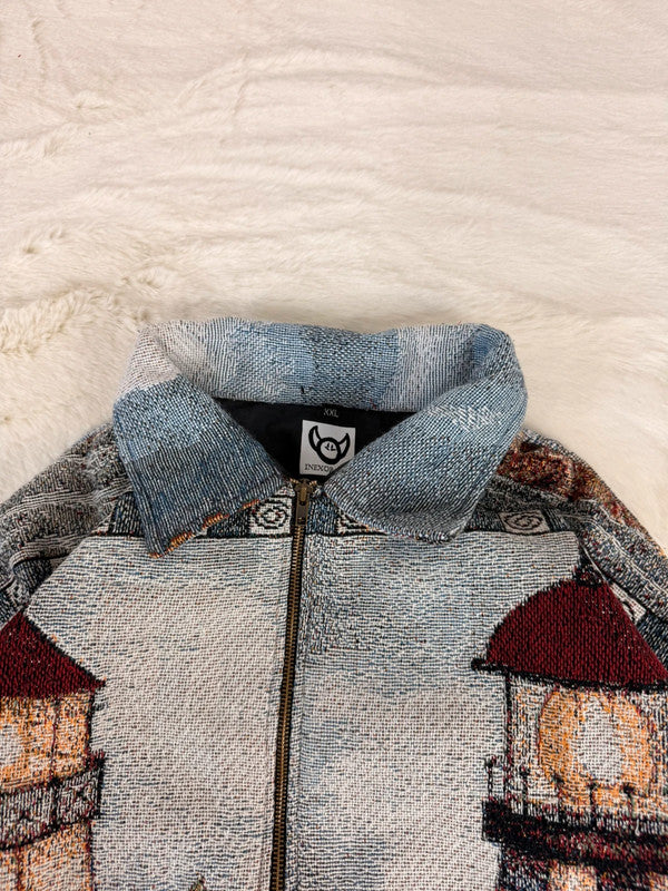 Veste Harrington en tapisserie design unique fait main upcyclé retravaillé et tissé taille XXL n•875