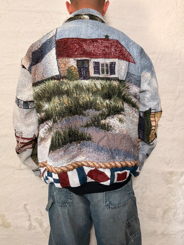 Veste Harrington en tapisserie design unique fait main upcyclé retravaillé et tissé taille XXL n•875
