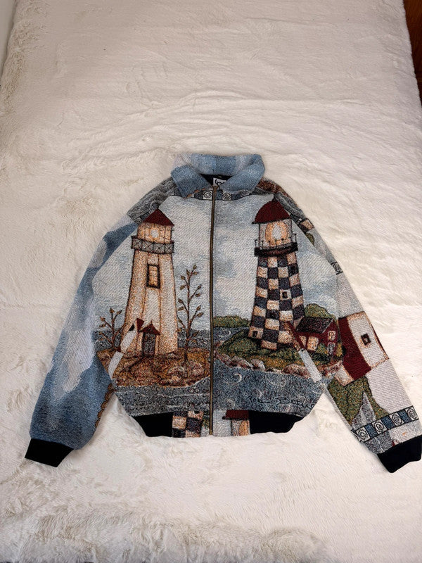 Veste Harrington en tapisserie design unique fait main upcyclé retravaillé et tissé taille XXL n•875