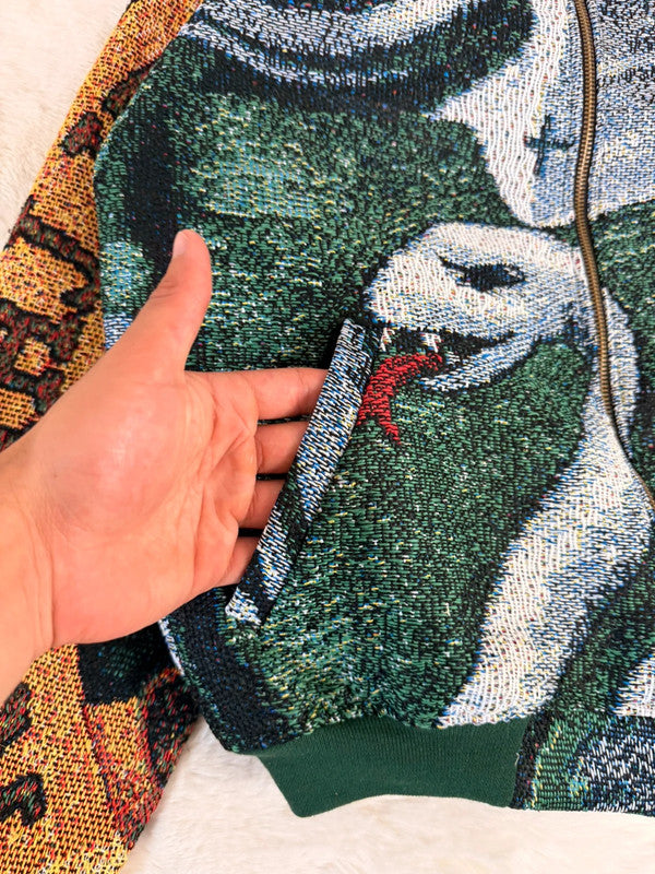 Veste Harrington en tapisserie design unique fait main upcyclé retravaillé et tissé taille S n•876