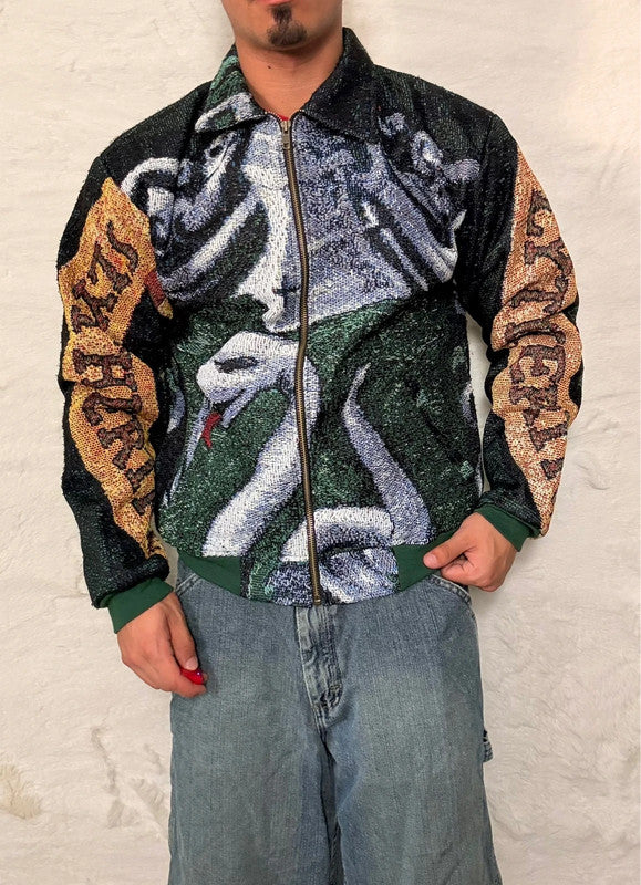 Veste Harrington en tapisserie design unique fait main upcyclé retravaillé et tissé taille S n•876