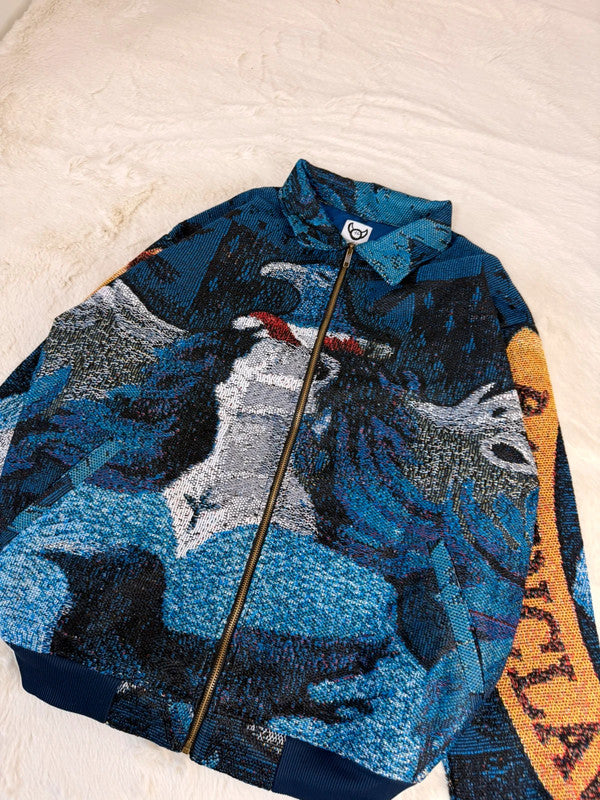 Veste Harrington en tapisserie design unique fait main upcyclé retravaillé et tissé taille XXL n•877