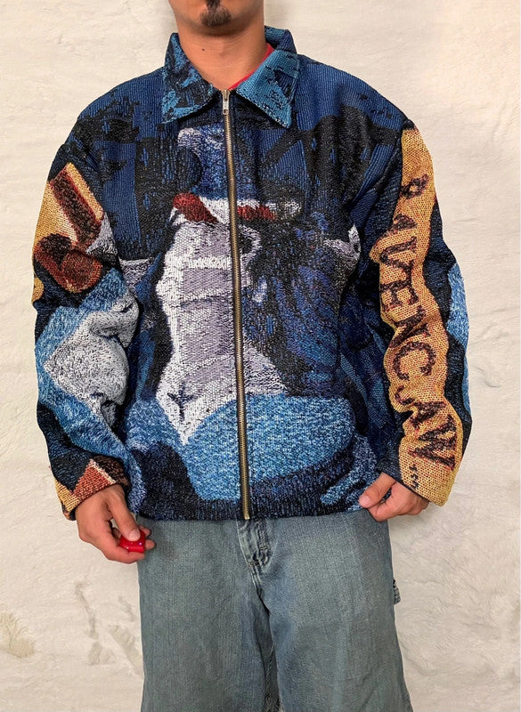 Veste Harrington en tapisserie design unique fait main upcyclé retravaillé et tissé taille XXL n•877