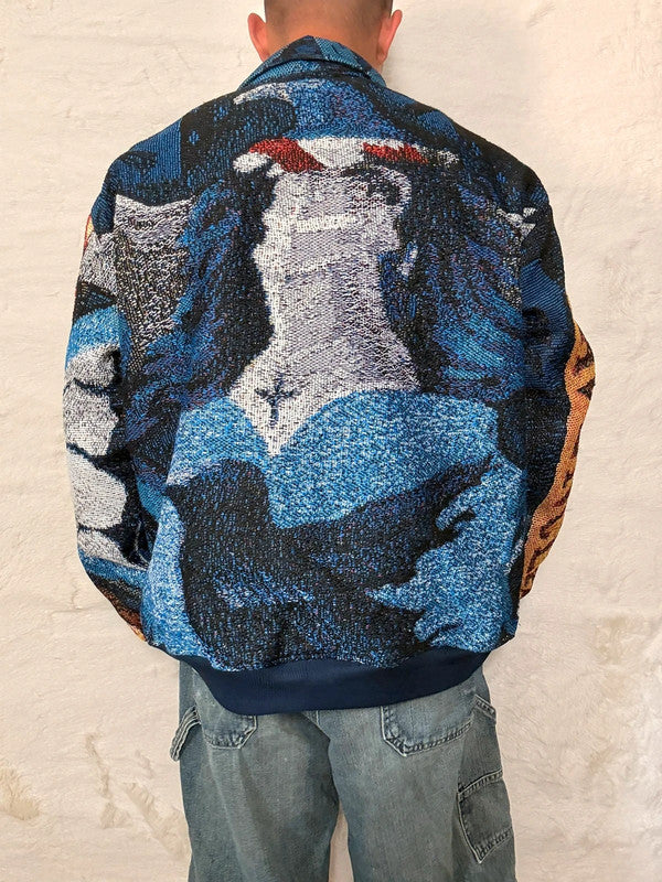 Veste Harrington en tapisserie design unique fait main upcyclé retravaillé et tissé taille XXL n•877