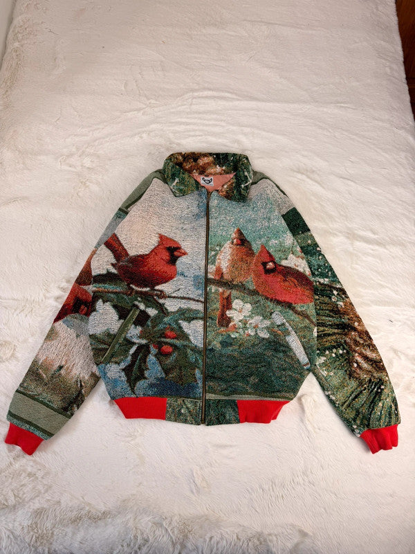 Veste Harrington en tapisserie design unique fait main upcyclé retravaillé et tissé taille XL n•878