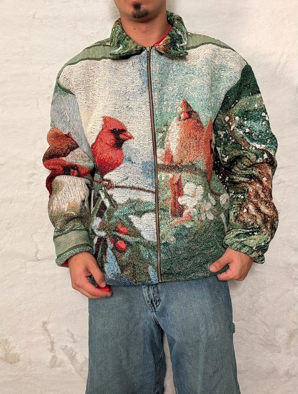 Veste Harrington en tapisserie design unique fait main upcyclé retravaillé et tissé taille XL n•878