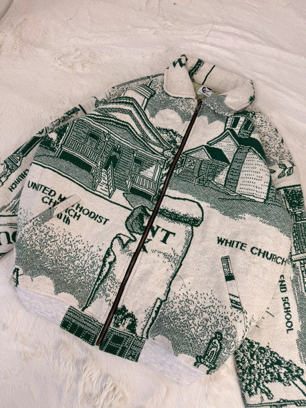 Veste Harrington en tapisserie design unique fait main upcyclé retravaillé et tissé taille XL n•880