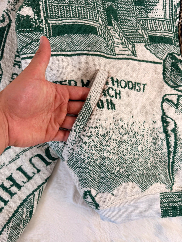 Veste Harrington en tapisserie design unique fait main upcyclé retravaillé et tissé taille XL n•880