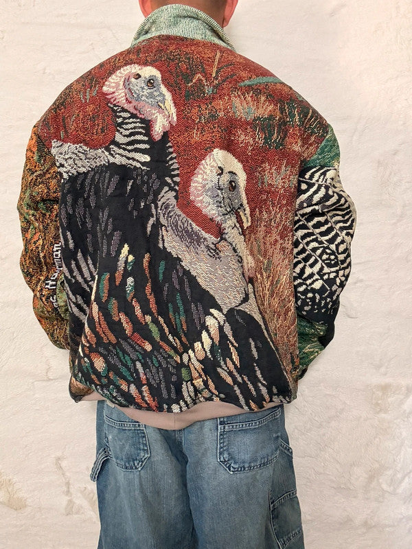 Veste Harrington en tapisserie design unique fait main upcyclé retravaillé et tissé taille XL n•881