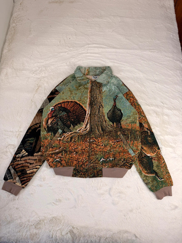 Veste Harrington en tapisserie design unique fait main upcyclé retravaillé et tissé taille XL n•881
