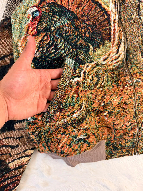 Veste Harrington en tapisserie design unique fait main upcyclé retravaillé et tissé taille XL n•881