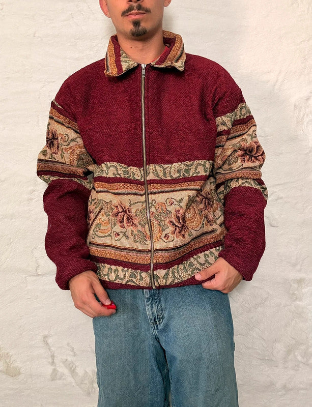 Veste Harrington en tapisserie design unique fait main upcyclé retravaillé et tissé taille XL n•882