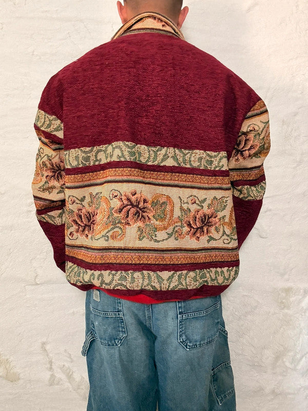 Veste Harrington en tapisserie design unique fait main upcyclé retravaillé et tissé taille XL n•882