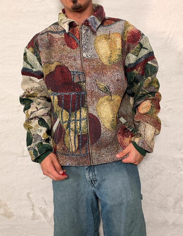 Veste Harrington en tapisserie design unique fait main upcyclé retravaillé et tissé taille XL n•883