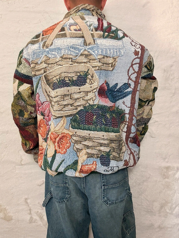 Veste Harrington en tapisserie design unique fait main upcyclé retravaillé et tissé taille XL n•883