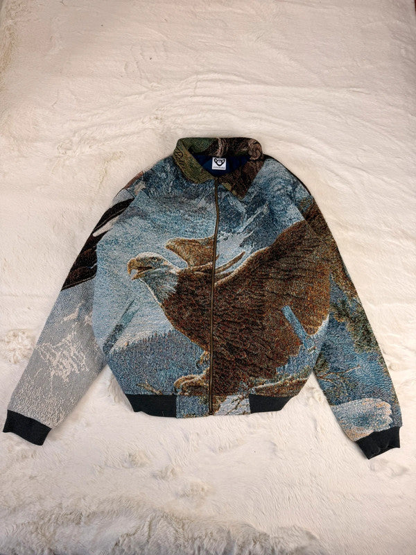 Veste Harrington en tapisserie design unique fait main upcyclé retravaillé et tissé taille XL n•884