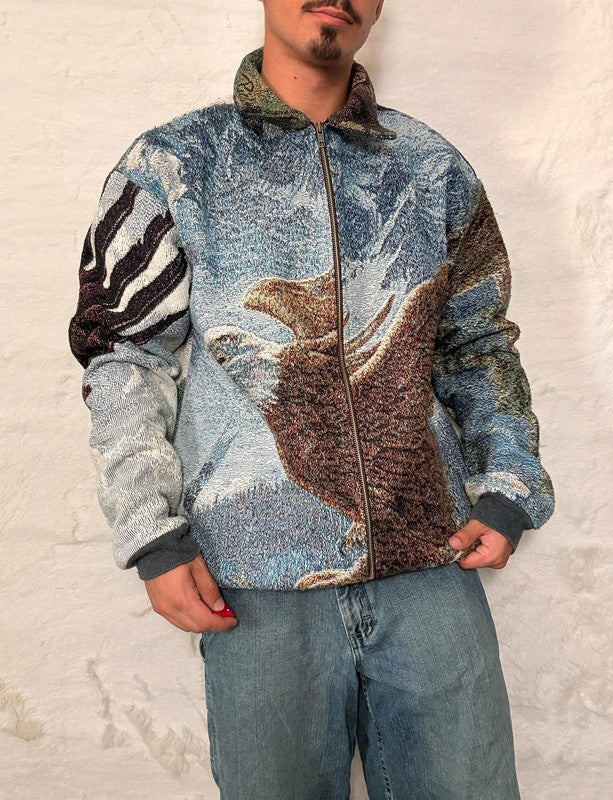 Veste Harrington en tapisserie design unique fait main upcyclé retravaillé et tissé taille XL n•884