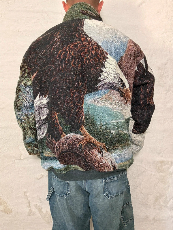 Veste Harrington en tapisserie design unique fait main upcyclé retravaillé et tissé taille XL n•884
