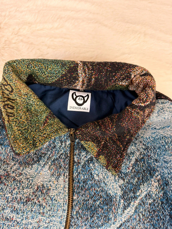Veste Harrington en tapisserie design unique fait main upcyclé retravaillé et tissé taille XL n•884