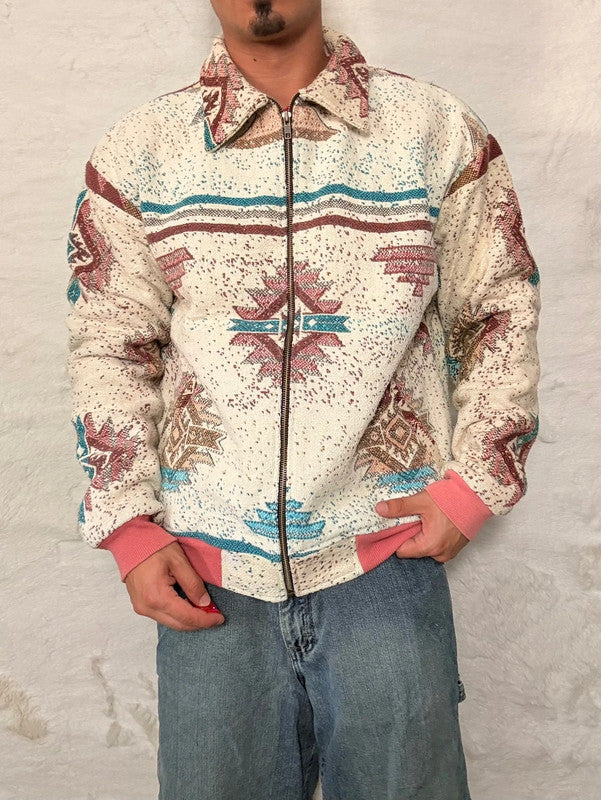 Veste Harrington en tapisserie design unique fait main upcyclé retravaillé et tissé taille M n•885
